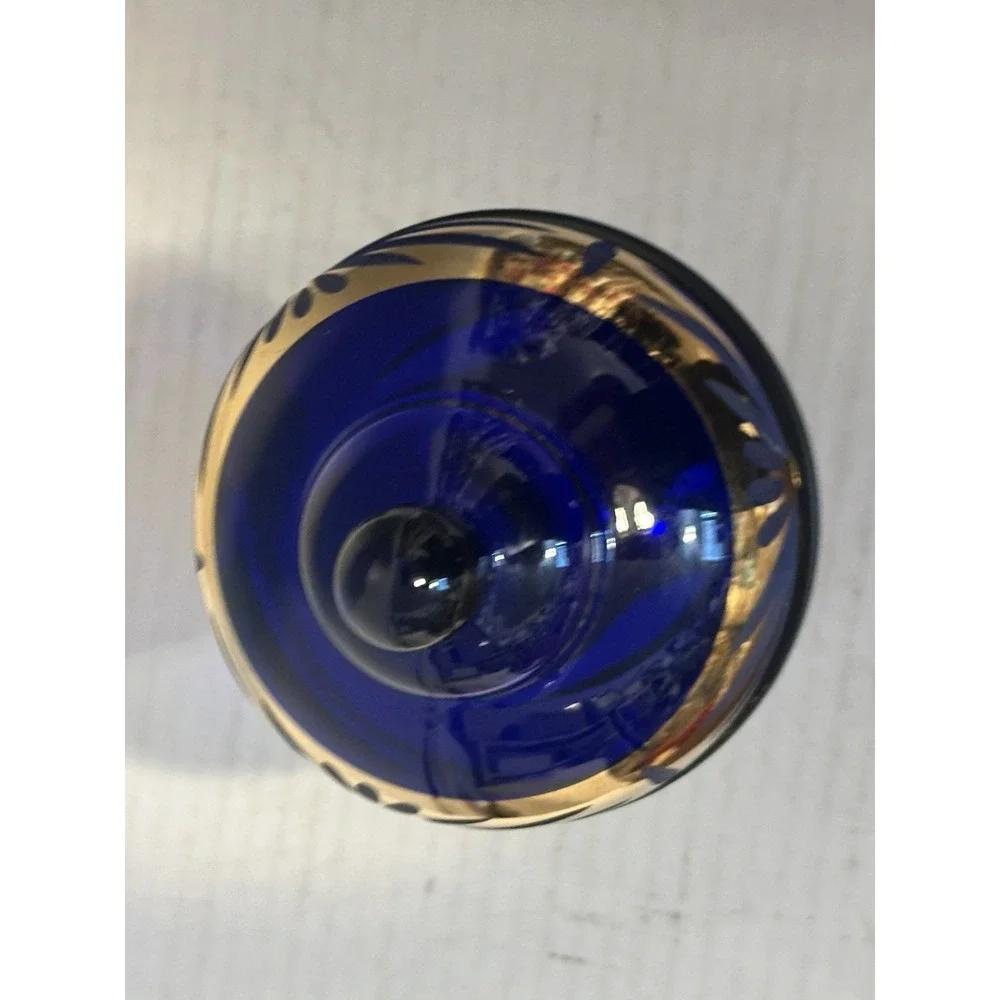 Irena Poland 24% Lead Crystal Cobalt Blue Gold Hand Cut Container Candy Dish Lid
